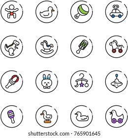 line vector icon set - baby vector, duck toy, beanbag, car, dinosaur, rocking horse, wheel, rabbit, carousel, wirligig