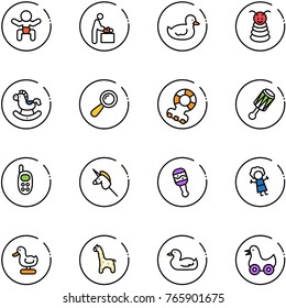 line vector icon set - baby vector, room, duck toy, pyramid, rocking horse, beanbag, teethers, phone, unicorn stick, doll, giraffe