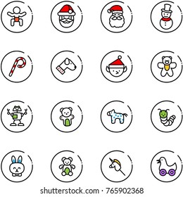 line vector icon set - baby vector, santa claus, snowman, lollipop, dog, christmas elf, bear toy, robot, horse, caterpillar, rabbit, unicorn stick, duck