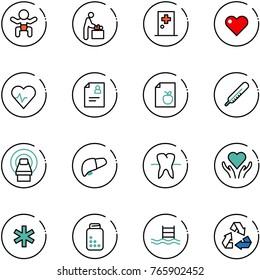 line vector icon set - baby vector, room, first aid, heart, pulse, patient card, diet list, thermometer, mri, liver, tooth, care, ambulance star, pills bottle, pool, recycling