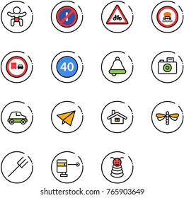 line vector icon set - baby vector, no parkin odd, road for moto sign, dangerous cargo, truck overtake, minimal speed limit, bell, camera, car, paper fly, home, dragonfly, farm fork, laser lever