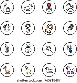 line vector icon set - baby room vector, duck toy, pyramid, rocking horse, beanbag, teethers, phone, rabbit, unicorn stick, doll, giraffe