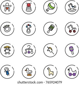 line vector icon set - baby vector, pyramid toy, beanbag, rocking horse, wheel, doll, carousel, unicorn stick, duck, giraffe
