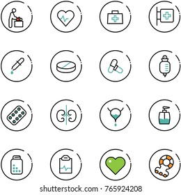 line vector icon set - baby room vector, heart pulse, doctor bag, first aid, pipette, pill, pills, drop counter, blister, kidneys, bladder, liquid soap, bottle, clipboard, teethers