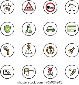 line vector icon set - baby vector, road for moto sign, no trailer, home, shield check, rocket, car, schedule, world, dollar, photo, laser lever, pyramid toy, baseball bat