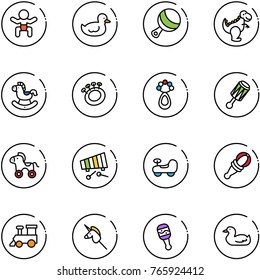 line vector icon set - baby vector, duck toy, beanbag, dinosaur, rocking horse, wheel, xylophone, car, train, unicorn stick
