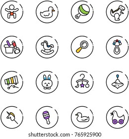 line vector icon set - baby vector, duck toy, beanbag, dinosaur, shovel bucket, rocking horse, xylophone, rabbit, carousel, wirligig, unicorn stick