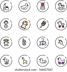 line vector icon set - baby room vector, duck toy, pyramid, rocking horse, beanbag, teethers, wheel, doll, phone, carousel, unicorn stick, giraffe