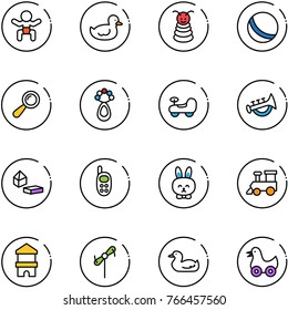 line vector icon set - baby vector, duck toy, pyramid, ball, beanbag, car, horn, constructor blocks, phone, rabbit, train, block house, windmill