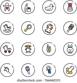 line vector icon set - baby vector, room, duck toy, pyramid, rocking horse, beanbag, teethers, wheel, doll, phone, rabbit, unicorn stick, soother