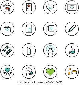 line vector icon set - baby vector, first aid room, heart pulse, kit, doctor bag, diet list, thermometer, pills blister, vial, mri, stomach, care, medical mask, uv cream