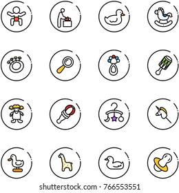 line vector icon set - baby vector, room, duck toy, rocking horse, beanbag, doll, carousel, unicorn stick, giraffe, soother