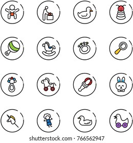 line vector icon set - baby vector, room, duck toy, pyramid, beanbag, rocking horse, wheel, rabbit, unicorn stick, doll