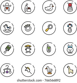 line vector icon set - baby vector, room, duck toy, pyramid, rocking horse, beanbag, doll, phone, rabbit, carousel, unicorn stick, giraffe