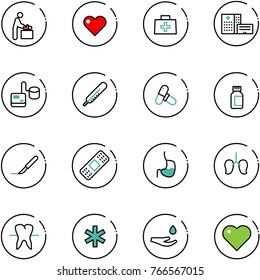 line vector icon set - baby room vector, heart, doctor bag, hospital building, tonometer, thermometer, pills, bottle, scalpel, medical patch, stomach, lungs, tooth, ambulance star, drop hand