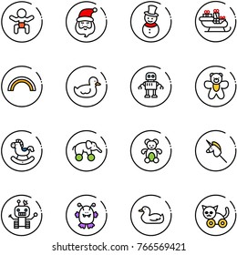 line vector icon set - baby vector, santa claus, snowman, sleigh, rainbow, duck toy, robot, bear, rocking horse, elephant wheel, unicorn stick, monster, cat