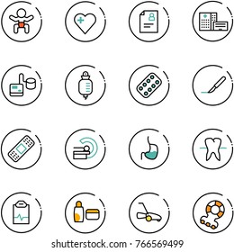line vector icon set - baby vector, heart, patient card, hospital building, tonometer, drop counter, pills blister, scalpel, medical patch, mri, stomach, tooth, pulse clipboard, uv cream, lawn mower