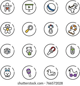 line vector icon set - baby vector, presentation board, ball, dinosaur toy, bear, beanbag, teethers, cube, phone, rabbit, duck