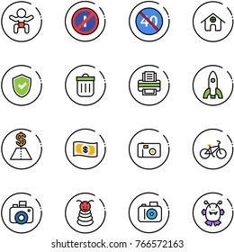 Line Vector Icon Set - Baby Vector, No Parkin Odd, End Minimal Speed Limit Road Sign, Home, Shield Check, Trash Bin, Printer, Rocket, Dollar, Money, Photo, Bike, Camera, Pyramid Toy, Monster