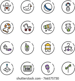 line vector icon set - baby vector, duck toy, ball, beanbag, teethers, wheel horse, xylophone, bear, constructor blocks, phone, block house, carousel, wirligig, piano, windmill