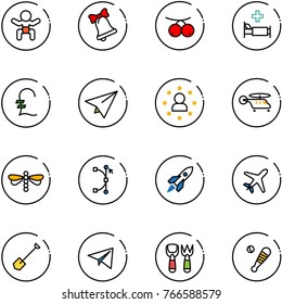 line vector icon set - baby vector, bell, rowanberry, hospital bed, pound, paper plane, star man, helicopter, dragonfly, bezier, rocket, shovel, fork toy, baseball bat