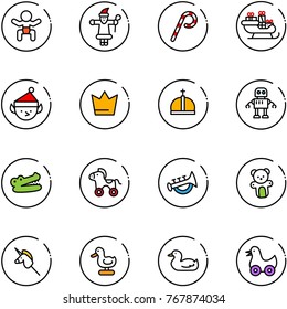 line vector icon set - baby vector, santa claus, lollipop, sleigh, christmas elf, crown, robot, crocodile, wheel horse, horn toy, bear, unicorn stick, duck