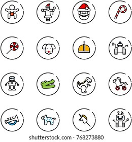 line vector icon set - baby vector, santa claus, lollipop, dog, crown, robot, crocodile, dinosaur toy, wheel horse, horn, unicorn stick