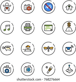 line vector icon set - baby vector, camera, end minimal speed limit road sign, home, music, printer, schedule, dollar, helicopter, bungalow, dragonfly, wireless mail, baseball bat, wirligig toy