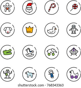 line vector icon set - baby vector, santa claus, lollipop, dog, crown, duck toy, robot, crocodile, rocking horse, elephant wheel, ufo, doll