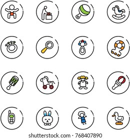 line vector icon set - baby vector, room, beanbag, rocking horse, teethers, wheel, doll, phone toy, rabbit, duck