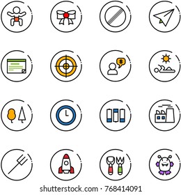 line vector icon set - baby vector, bow, no limit road sign, paper plane, schedule, target, money dialog, reading, forest, clock, battery, plant, farm fork, rocket, shovel toy, monster