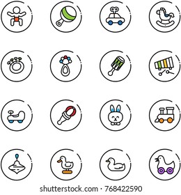 line vector icon set - baby vector, beanbag, car toy, rocking horse, xylophone, rabbit, train, wirligig, duck