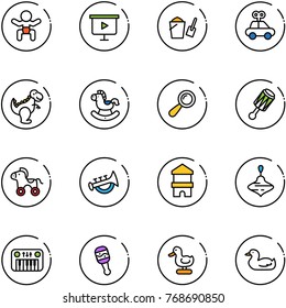 line vector icon set - baby vector, presentation board, bucket scoop, car toy, dinosaur, rocking horse, beanbag, wheel, horn, block house, wirligig, piano, duck