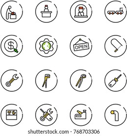 line vector icon set - baby room vector, recieptionist, officer window, baggage truck, money click, gear globe, open, fretsaw, wrench, plumber, screwdriver, tool box, stapler, allen key