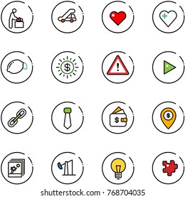 line vector icon set - baby room vector, trap truck, heart, lemon, dollar sun, attention road sign, play, link, tie, finance management, atm map pin, photo, oil derrick, bulb, puzzle