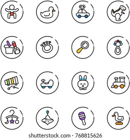 line vector icon set - baby vector, duck toy, car, dinosaur, shovel bucket, beanbag, xylophone, rabbit, train, carousel, wirligig