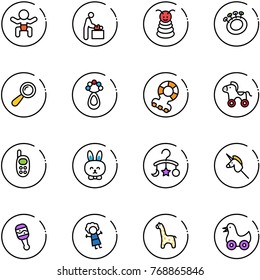 line vector icon set - baby vector, room, pyramid toy, beanbag, teethers, wheel horse, phone, rabbit, carousel, unicorn stick, doll, giraffe, duck