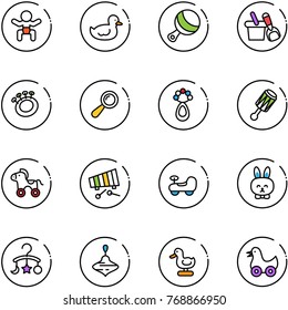 line vector icon set - baby vector, duck toy, beanbag, shovel bucket, wheel horse, xylophone, car, rabbit, carousel, wirligig