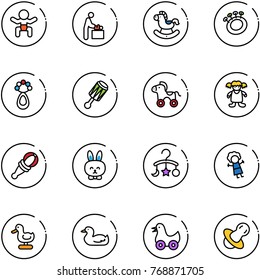 line vector icon set - baby vector, room, rocking horse, beanbag, wheel, doll, toy rabbit, carousel, duck, soother
