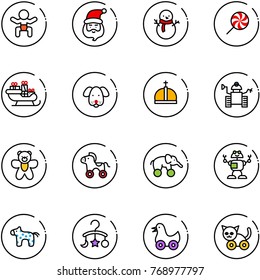 line vector icon set - baby vector, santa claus, snowman, lollipop, sleigh, dog, crown, robot, bear toy, wheel horse, elephant, carousel, duck, cat
