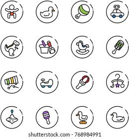 line vector icon set - baby vector, duck toy, beanbag, car, dinosaur, shovel bucket, rocking horse, xylophone, carousel, wirligig