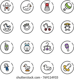 line vector icon set - baby vector, duck toy, pyramid, beanbag, rocking horse, wheel, doll, phone, rabbit, carousel, soother