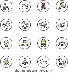 line vector icon set - baby room vector, bucket scoop, pyramid toy, beanbag, dinosaur, rocking horse, xylophone, horn, bear, train, block house, carousel, wirligig, duck