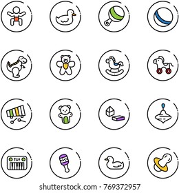 line vector icon set - baby vector, duck toy, beanbag, ball, dinosaur, bear, rocking horse, wheel, xylophone, constructor blocks, wirligig, piano, soother