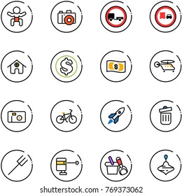 line vector icon set - baby vector, camera, no trailer road sign, truck overtake, home, dollar, money, helicopter, photo, bike, rocket, trash bin, farm fork, laser lever, shovel bucket, wirligig toy
