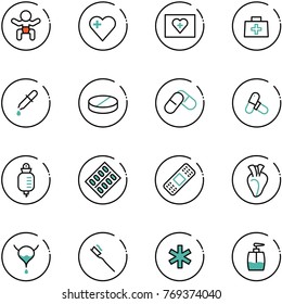 line vector icon set - baby vector, heart, first aid kit, doctor bag, pipette, pill, pills, drop counter, blister, medical patch, bladder, tooth brush, ambulance star, liquid soap