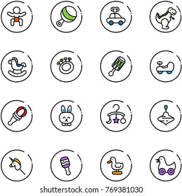 line vector icon set - baby vector, beanbag, car toy, dinosaur, rocking horse, rabbit, carousel, wirligig, unicorn stick, duck
