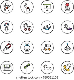 line vector icon set - baby vector, room, presentation board, pyramid toy, beanbag, wheel horse, horn, constructor blocks, rabbit, train, wirligig, piano, windmill, duck, soother