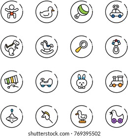 line vector icon set - baby vector, duck toy, beanbag, car, dinosaur, rocking horse, xylophone, rabbit, train, wirligig, unicorn stick