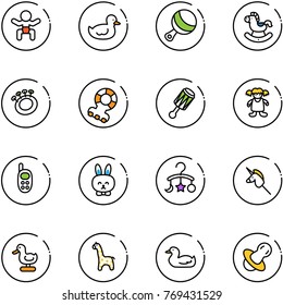 line vector icon set - baby vector, duck toy, beanbag, rocking horse, teethers, doll, phone, rabbit, carousel, unicorn stick, giraffe, soother